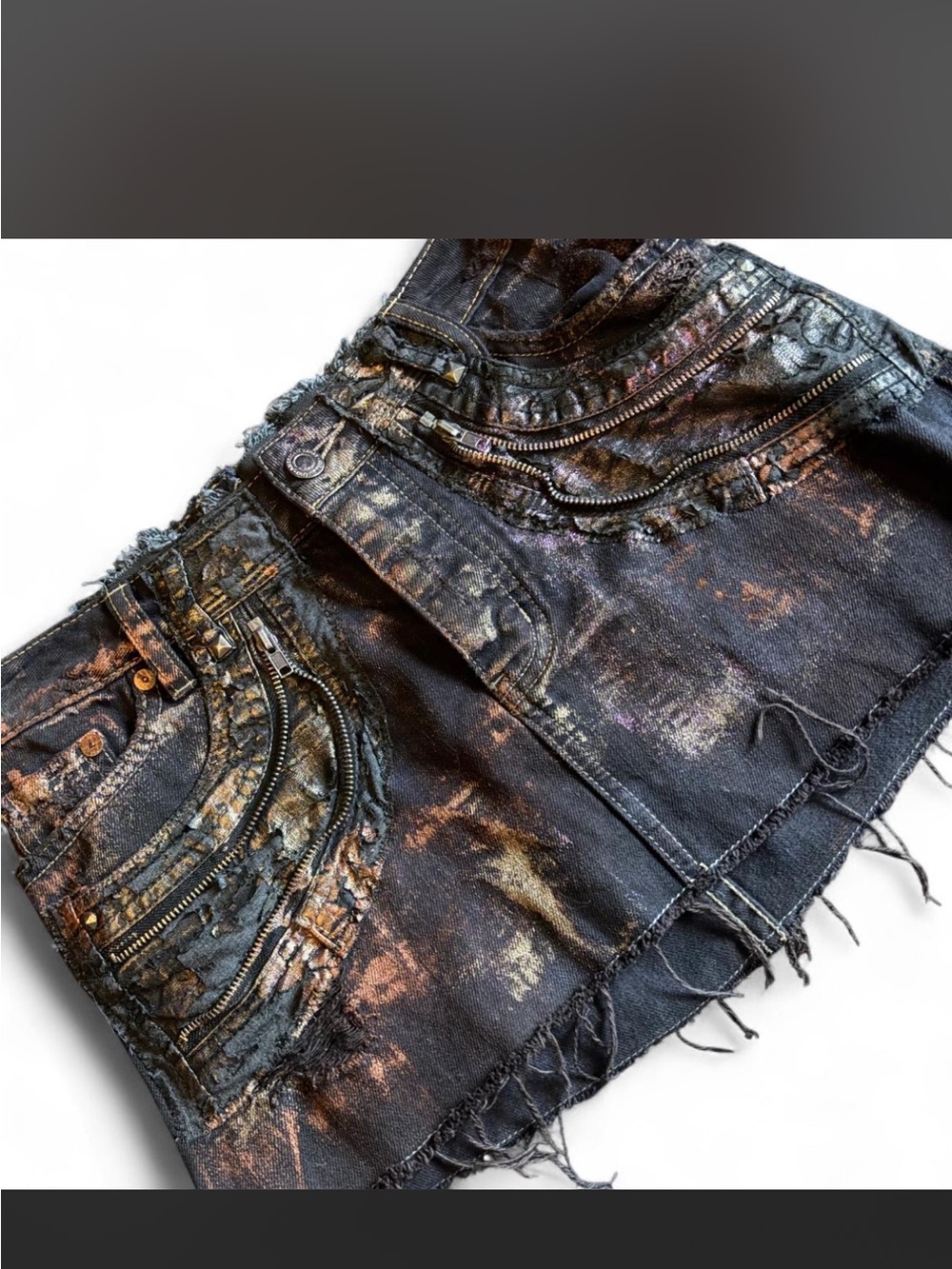 Reworked distressed denim micro mini skirt with zipper details - Picture 2 of 4